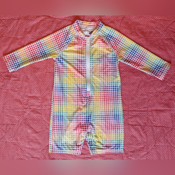 LIKE NEW Lands’ End 12-18m Baby Long Sleeve UPF 50 Swim Sunsuit, Rainbow Check - Picture 1 of 5